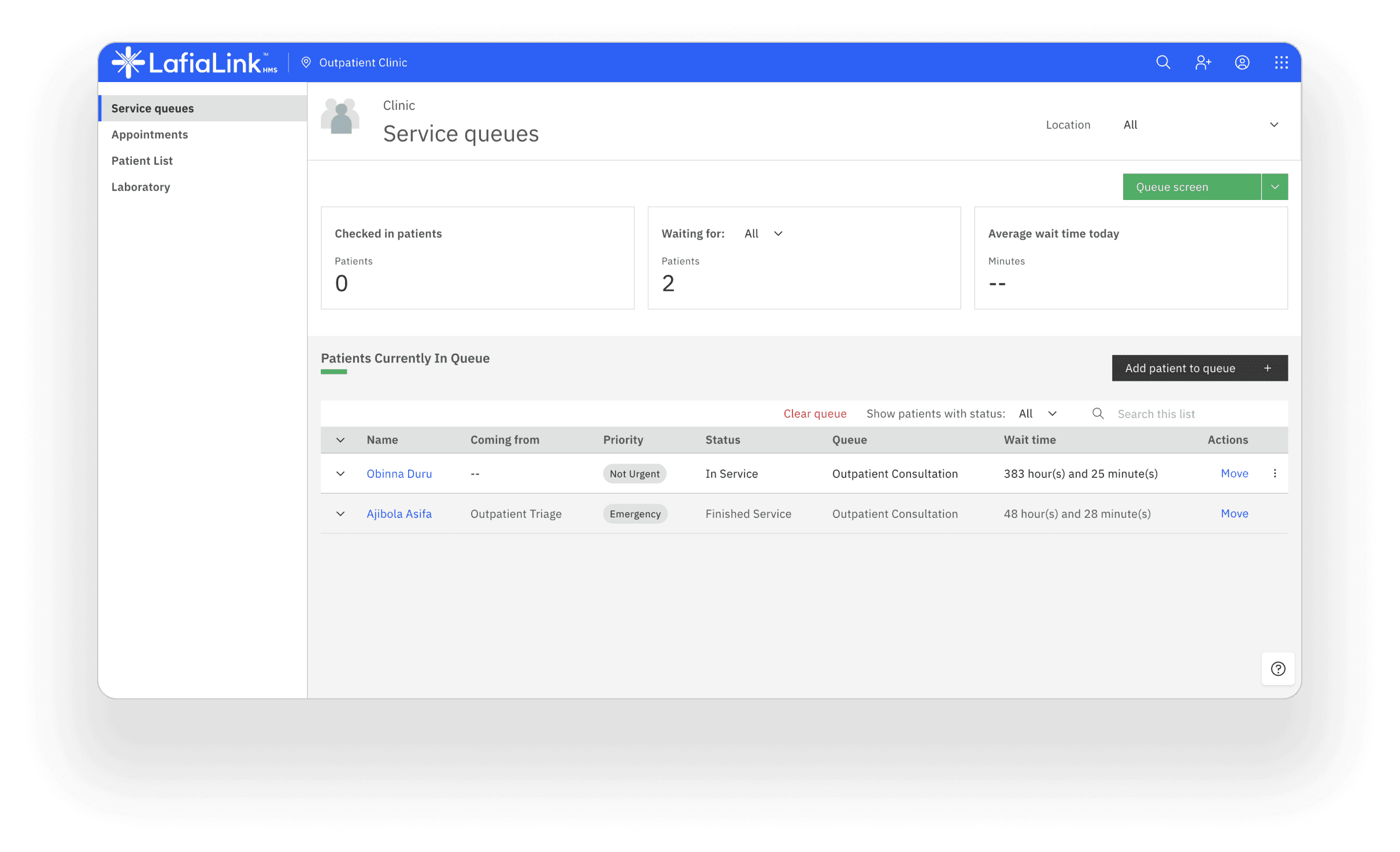 LafiaLinkHMS dashboard — service queues and patient list view