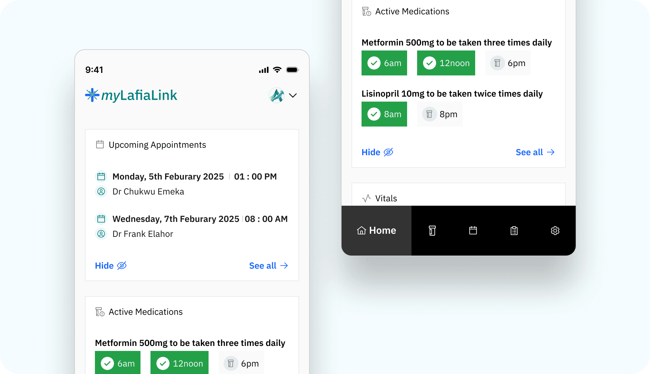 myLafiaLink patient app — upcoming appointments and active medications